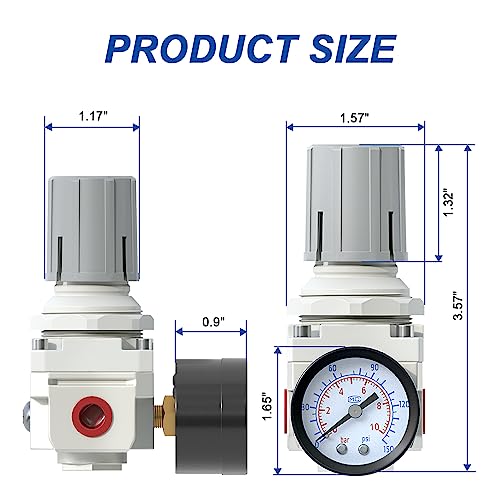 AIRZOE 1/4" NPT Air Pressure Regulator,Compressed Air System,Mini Air Regulator AR2000-02,0-150 PSI Gauge - size: 1/4" NPT