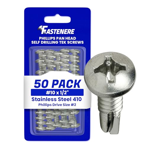 Fastenere Pan Head Self Drilling Tek Screws - #10 x 1/2" (50 Pack) Stainless Steel 410, Full Thread, Bright Plain Finish, Corrosion-Resistant, Self-Drilling, Easy to Install w/Phillips Drive Size #2 - size: #10 x 1/2" (50 Pack)