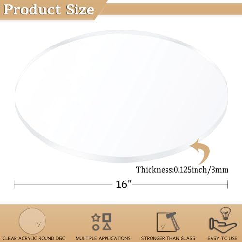 2 Pieces 1/8" Clear Circle Acrylic Sheet, 16 Inch Diameter Plexiglass Sheet, Round for Cake Discs, Plexiglass Table Top, Acrylic Backdrops and DIY Display Projects Craft - size: 16 Inch Diameter, 1/8" Thick
