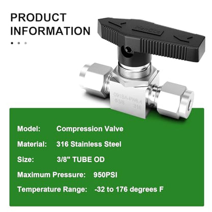 TAISHER 1PCS 316 Stainless Steel Compression Valve, 3/8" Tube OD x 3/8" Tube OD Straight Adapter - size: 3/8" OD