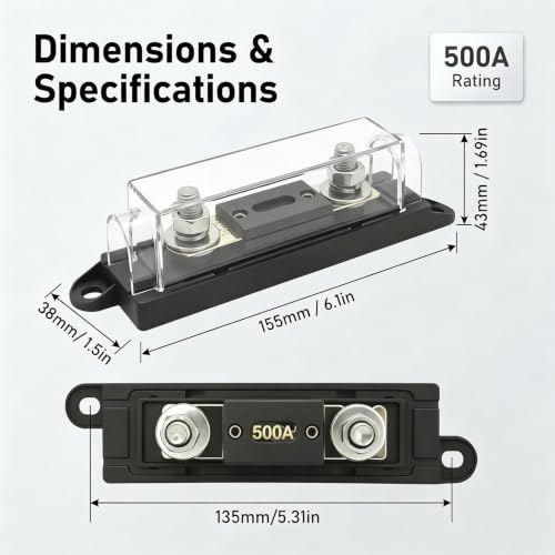 0/2/4 Gauge AWG Inline ANL Fuse Holder, Suitable for Use in Cars, Trucks, and Boats (500A) - size: 500A