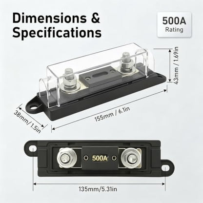 0/2/4 Gauge AWG Inline ANL Fuse Holder, Suitable for Use in Cars, Trucks, and Boats (500A) - size: 500A
