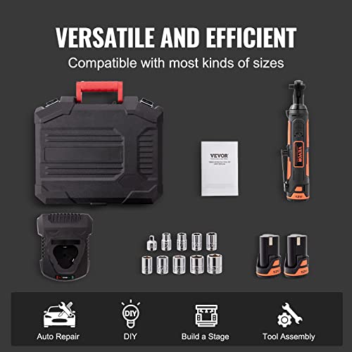 VEVOR 3/8" Cordless Electric Ratchet Wrench Set, 33 Ft-lbs 12V Power Ratchet Tool Kit with 45-Min Fast Charge, 2-Pack 2.0Ah Battery, Built-in LED Light, Variable Speed Trigger, 10 Sockets - size: 11.02 in, style: Standard