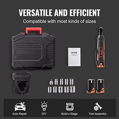 VEVOR 3/8" Cordless Electric Ratchet Wrench Set, 33 Ft-lbs 12V Power Ratchet Tool Kit with 45-Min Fast Charge, 2-Pack 2.0Ah Battery, Built-in LED Light, Variable Speed Trigger, 10 Sockets - size: 11.02 in, style: Standard