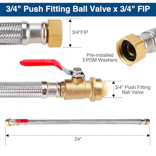 Heavy Duty 24" Braided Stainless Steel Hot Water Heater Hose – 3/4 Inch FIP x 3/4 Inch Ball Valve, Push-to-Connect Brass Fitting - size: stainless steel 3/4"Ball Valve x 3/4"FIP, 24"L