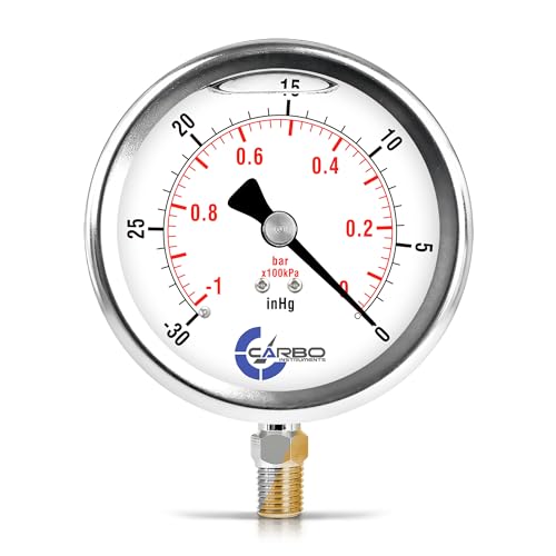 Carbo Liquid Filled Vacuum Pressure Gauge 0 to -30 inHg with NIST Traceable Certificate, Calibrated in USA Lab, 4" Dial, 1/4 NPT Lower Mount, ASME Grade A, 304 SS Case, Brass Wetted Parts, inHg/Bar - size: -30 inHg - 0, style: NIST TRACEABLE
