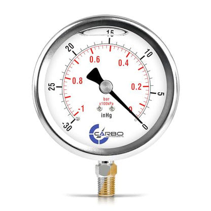 Carbo Liquid Filled Vacuum Pressure Gauge 0 to -30 inHg with NIST Traceable Certificate, Calibrated in USA Lab, 4" Dial, 1/4 NPT Lower Mount, ASME Grade A, 304 SS Case, Brass Wetted Parts, inHg/Bar - size: -30 inHg - 0, style: NIST TRACEABLE