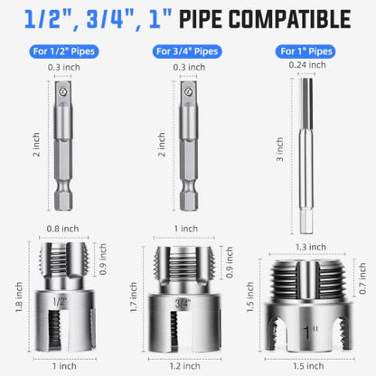 Valkynos 3PCS Internal & External Pipe Threading Tool, 1/2'' 3/4'' 1'' PVC Pipe Threader Kit with Storage Case, Heavy-Duty Alloy Steel, Electric Drill Compatible for Plumbing and Home Repair - size: 1"+1/2"+3/4"