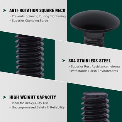 1/4-20 x 1-1/4" Black Steel Carriage Bolts, 304 Stainless Steel 18-8, Round Domed Head Square Neck Carriage Bolts Screws, Coarse Thread UNC, 25 PCS - size: 1/4-20 x 1-1/4"