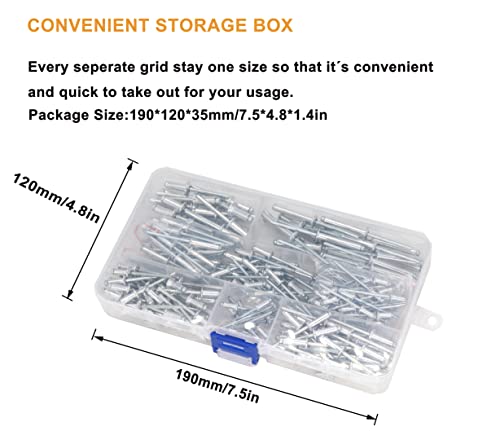 205pcs Aluminum Blind Rivets,7 Sizes,Pop Rivets Assortment Kit, Silver Tone