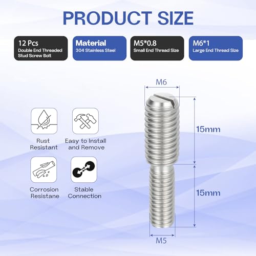 M5x15mm to M6x15mm Double End Threaded Stud Screw Reducing Bolt,304 Stainless Steel Thread Reducer Adapter for Furniture Fastener Welding, Hardware Connectors 12 Pack - size: M5x15mm to M6x15mm