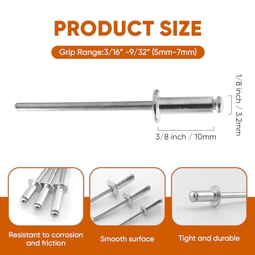 ALLCLEAN 200 Pcs 1/8" x 3/8" Aluminum Blind Rivets,3.2 x 10mm Pop Rivets,Aluminum Grip and Steel Mandrel - color: Aluminum, size: 1/8"x3/8"