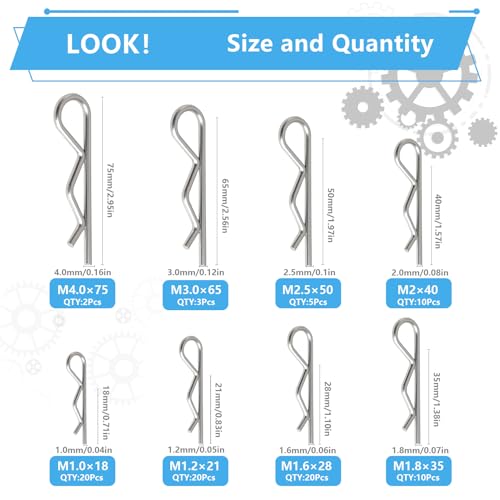 8 Values 90Pcs Hitch Pin Clip R Clips Spring Retaining Pins 304 Stainless Steel Hairpin Cotter Pin Assortment Kit for Trailer Hitch Locking Machinery Repairs - size: R Clip