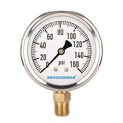 MEASUREMAN 2-1/2" Dial Size, Glycerin Filled Plumbing Pressure Gauge, 0-160psi, Stainless Steel Case, 1/4" NPT Lower Mount - size: 0-160 psi, style: Lower Mount