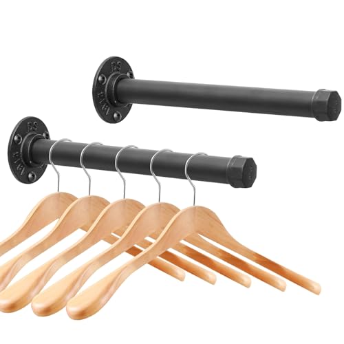 Cast Iron Wall Mounted Clothes Rack, Heavy Duty Industrial Pipe Clothing Rack for Hanging Clothes, Garment Racks for Wardrobe Organizers and Storage, DIY Closet Rods Closet Bar (Black 2 Pack, 12 in) - color: Black 2 Pack, size: 12 in