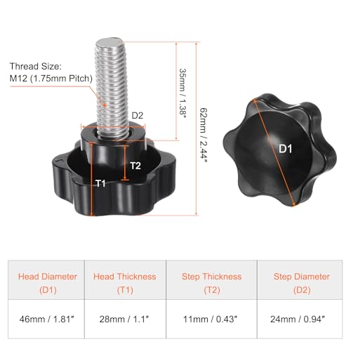 HARFINGTON 4pcs Star Knobs M12 x 35mm 304 Stainless Steel Threaded Stud 46mm Plastic 6-Star Head Hand Tightening Thumb Screw Clamping Jig Knob Handle, Black - size: M12 x 35mm x 46mm
