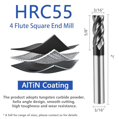 5pcs 3/16" Carbide Square End Mill Bits Set for Alloy Stees/Hardened Steels,Hrc55 Micro Grain Carbide Milling Cutter 4Flute CNC Router Bits with AlTiN Coating - size: 3/16 in