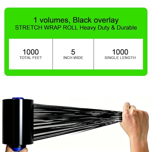 BOMEI PACK Stretch Film Shrink Wrap Roll - 80 Gauge 5" x 1000Ft - Industrial Strength Plastic Wrap with Handle Durable Self-Adhering Mini Black Wrap for Moving, Packing, Furniture & Pallet, 1-Pack