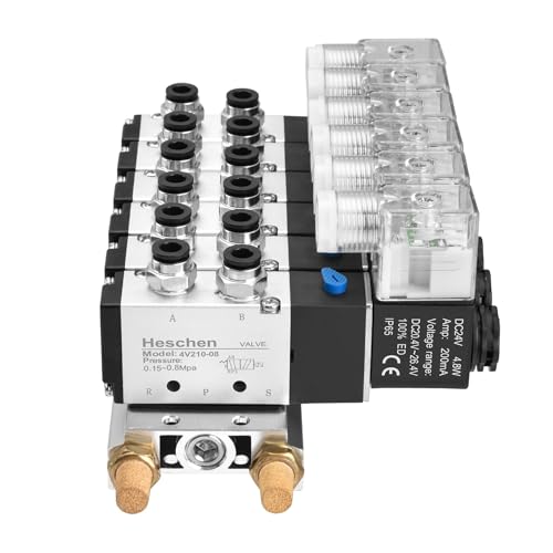 Heschen Electrical Pneumatic 6 Solenoid Valve, 4V210-08, DC24V Coil, PT1/4'' Port, 5 Way 2 Position, Manifold Base, Muffler, Quick Fittings Set - style: Electronic.