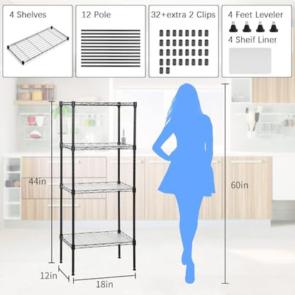 Meet perfect 4-Tier Wire Shelving Unit, 600 lb, 18 x 12 x 44 in, Black - color: Black, size: 4-Tier, 44"H × 18"W × 12"D