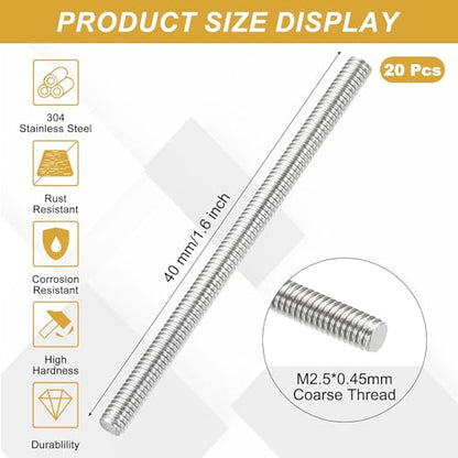 uxcell 20Pcs Fully Threaded Rod M2.5 x 0.45mm Pitch 40mm/1.6 Inch Threaded - size: M2.5x0.45mmx40mm