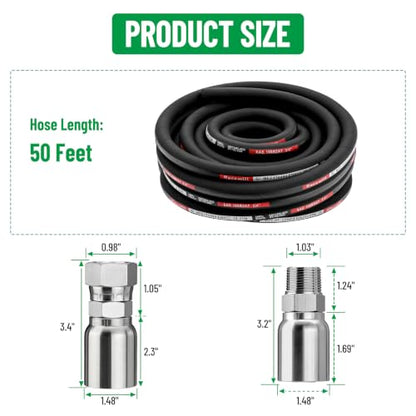 50FT 3/4" Hydraulic Hose with 12PCS Hydraulic Hose Fittings - size: 3/4" Hydraulic Hose - 50FT