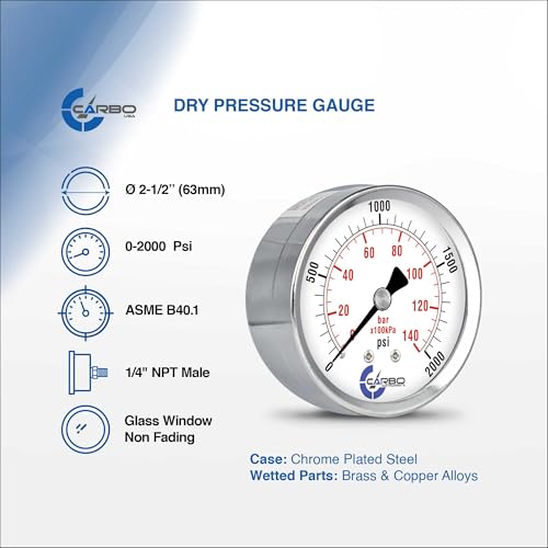2-1/2" Pressure Gauge, Chrome Plated Steel Case, Dry, 0-2000 psi/kPa, Back Mount 1/4" NPT - style: 0-2000 psi