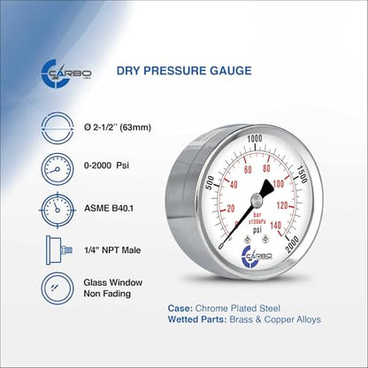 2-1/2" Pressure Gauge, Chrome Plated Steel Case, Dry, 0-2000 psi/kPa, Back Mount 1/4" NPT - style: 0-2000 psi