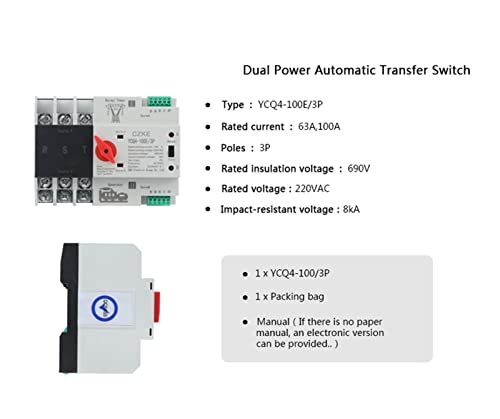 YCQ4-100E/3P Dual Power Automatic Transfer Switch 220V AC 8kA Din Rail ATS Switches Uninterrupted Power 63A 100A (Color : 3P, Size : 100A) - size: 100A