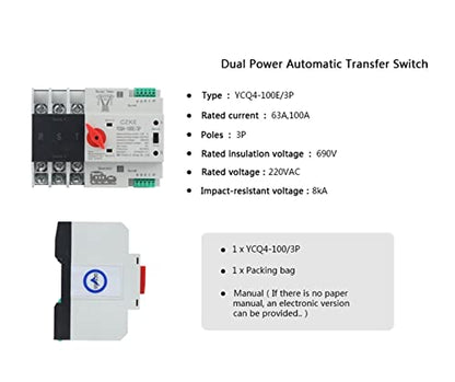 YCQ4-100E/3P Dual Power Automatic Transfer Switch 220V AC 8kA Din Rail ATS Switches Uninterrupted Power 63A 100A (Color : 3P, Size : 100A) - size: 100A