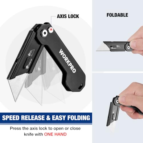 WORKPRO EDC Folding Utility Knife, Mini Box Cutter with Quick Open Axis Lock, Quick Change Blade Razor Knife, Foldable Small Pocket Knife with Belt Clip - color: Black