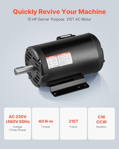 VEVOR 10 HP Electric Motor, 1770RPM Air Compressor Motor, CW/CCW Rotation, 1.375 inch Shaft Diameter, 3.88inch Shaft Length, 40N.m Torque, Three-Phase, 230V/460V, ODP Cooling, 215T Frame - size: 10P-215T-3.88inch Shaft Length