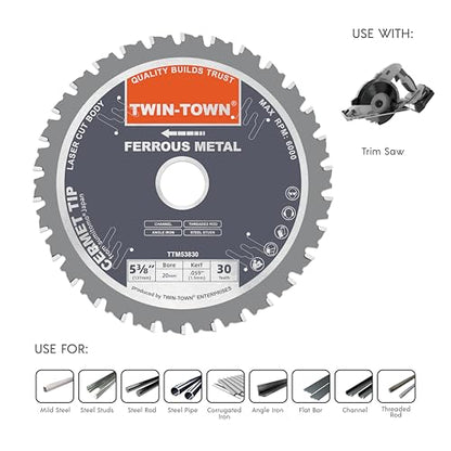 TWIN-TOWN 5-3/8 Inch 30 Teeth Dry Cut Steel and Ferrous Metal Cermet Saw Blade with 20mm Arbor - size: 5-3/8" 30T medium steel