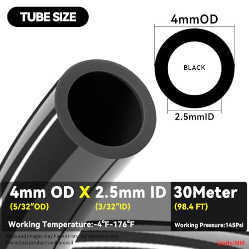 PNEUMATIC Black 4mm or 5/32 inch OD 2.5mm ID Polyurethane PU Air Hose Pipe Tube 30 Meter 98.4ft - color: Black, size: 4x2.5mm/98.4FT/30M