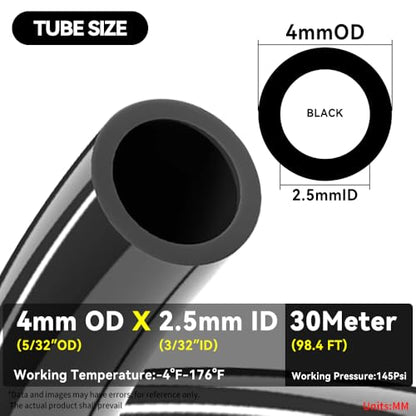 PNEUMATIC Black 4mm or 5/32 inch OD 2.5mm ID Polyurethane PU Air Hose Pipe Tube 30 Meter 98.4ft - color: Black, size: 4x2.5mm/98.4FT/30M