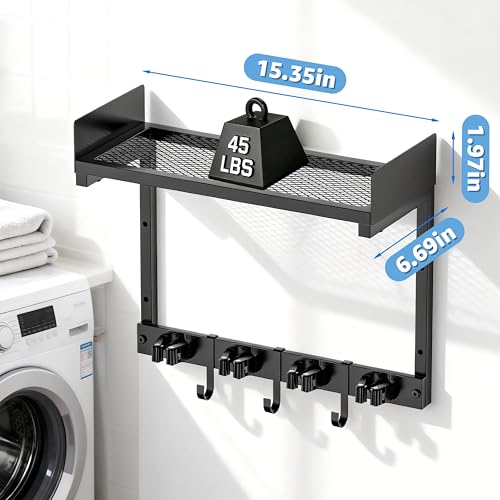 HUFAND 15" Wall Mounted Broom Holder and Mop Organizer with Shelf and Hook - color: Black, size: Small