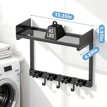 HUFAND 15" Wall Mounted Broom Holder and Mop Organizer with Shelf and Hook - color: Black, size: Small