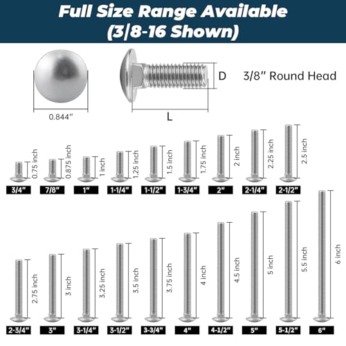 3/8-16 x 1-1/4 Inch Carriage Bolt Kit, 304 Stainless Steel (18-8) with Hex Nuts & Flat Washers - 16 Sets, Round Head Square Neck, Full Thread Coverage by Glvaner - size: 3/8-16 x 1-1/4"