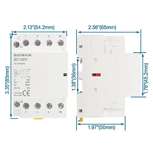 BAOMAIN 12V AC 4-Pole 32A Modular Contactor, 3NO1NC, DIN Rail Mount