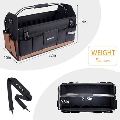 22 Inch Tool Bag, Foldable 19 Pockets Tool Tote Bags with Tool Organizer with Adjustable Shoulder Strap, Easy Carry and Easy Tool Access Open Top Tool Bag - size: 22IN