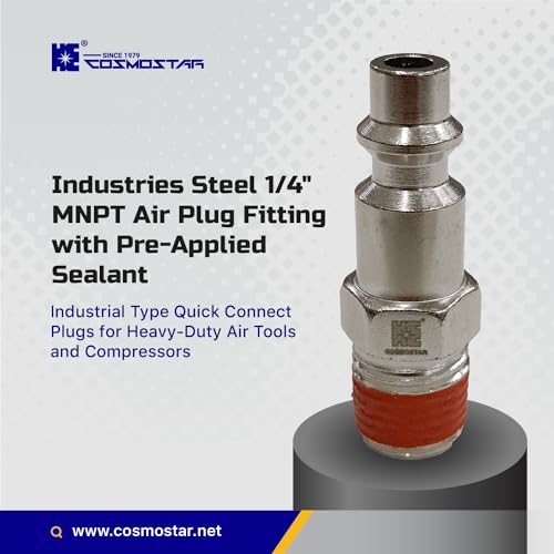 COSMOSTAR Industries Steel 1/4" MNPT Air Plug Fitting, 1/4 Inch Plug and 1/4" NPT Connector with Pre-Applied Sealant - Industrial Type Quick Connect Plugs (1/4" PMNPT, 5 PCS)