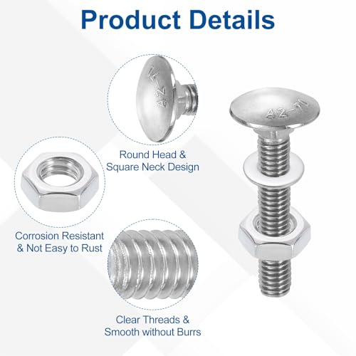 uxcell 10 Set Carriage Bolts and Nuts Kit, M6-1.0x35 Stainless Steel 304 Round Head Square Neck Carriage Bolts Screws and Hex Nuts and Flat Washers - Silver - size: M6-1.0x35mm