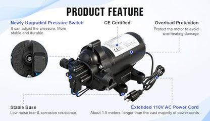 ECO-WORTHY 33-Series Water Pressure Diaphragm Pump Industrial 110V AC 4.0GPM Flow 50PSI Rated Pressure Self Priming RV Fresh Water Pump for Camper Kitchen Bathroom Marine Yacht Caravan - color: Black 9