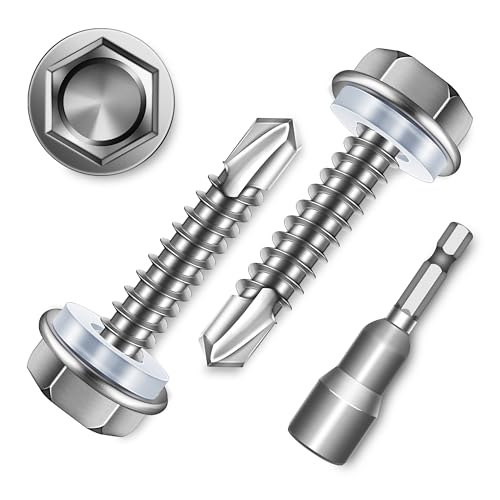 100Pcs #10 x 1 Sheet Metal Screws, 410 Stainless Steel Self Drilling Hex Washer Head Self Tapping Screws for Metal with Drill Bit - color: Silver, size: #10 x 1"