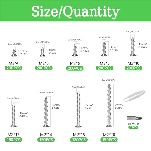 M2 Screw Kit, Wood Screws Assortment Kit, 1600Pcs Screws 4/5/6/8/10/12/14/16/20mm Phillips Flat Head Self Tapping Electronic Accessories Screw Multifunctional DIY Micro Woodworking Screws Set - size: M2-1600Pcs