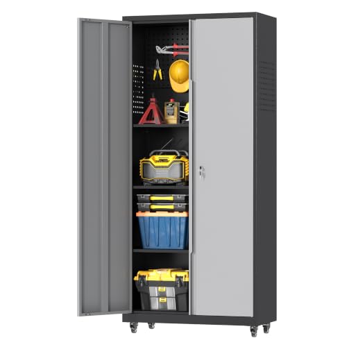 Metal Garage Storage Cabinet with 2 Doors, Adjustable Rolling Tool Storage Cabinet with Lock, 71" Steel Locking Tool Organizer with Wheels and Shelves for Garage, Warehouse(Black&Gray, 71" H) - color: Black&gray, size: 71" H