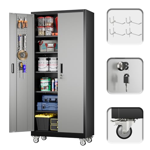 Reemoon 71" H Metal Garage Storage Cabinet with Wheels,Pegboard,Shelves - color: Black-dark Grey, size: 18"D x 34"W x 71"H