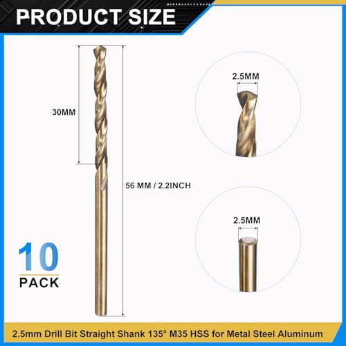 PATIKIL 2.5mm Drill Bit M35 Cobalt 5% High-Speed Steel for Metal 10 Pack - size: 2.5mm