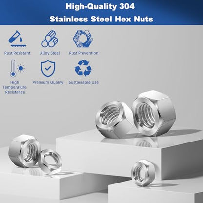 240pcs SAE Hex Nuts Assortment Kit, 4#-40 6#-32 8#-32 10#-24 10#-32 1/4"-20 5/16"-18 3/8"-16 1/2"-13, 304 Stainless Steel 18-8, Hex Hexagonal Nuts, External Hex Nut Set - size: SAE Kit: 2#-56 to 1/2-13