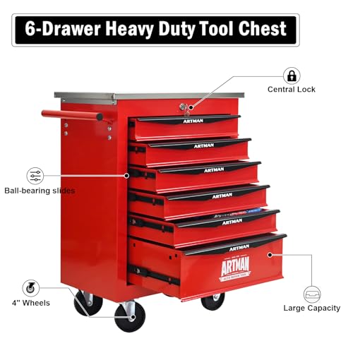 Rolling Tool Chest,Stainless Steel Worktop,Red,6‑Drawer - color: Red, size: 6-Drawers